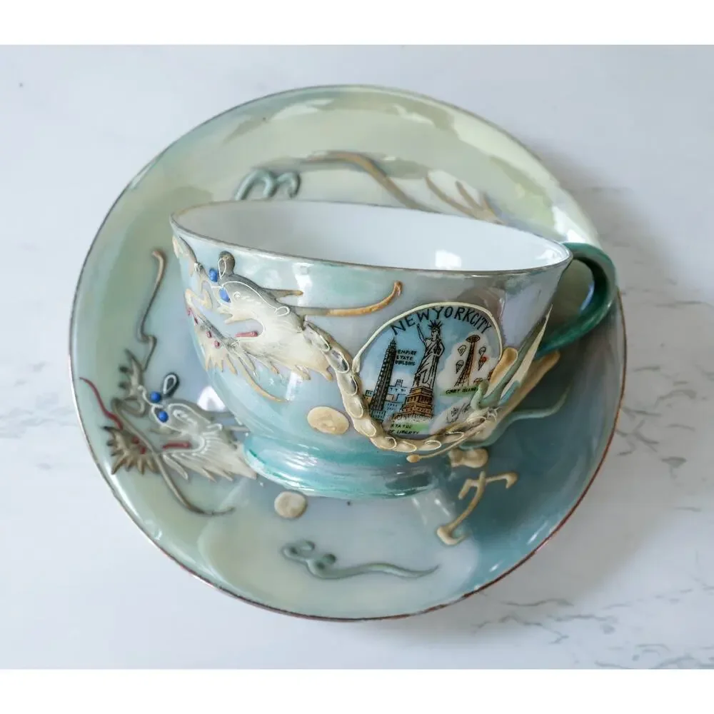 VTG Moriage Dragonware New York City Teacup Set Geisha Lithophane Chinoiserie
